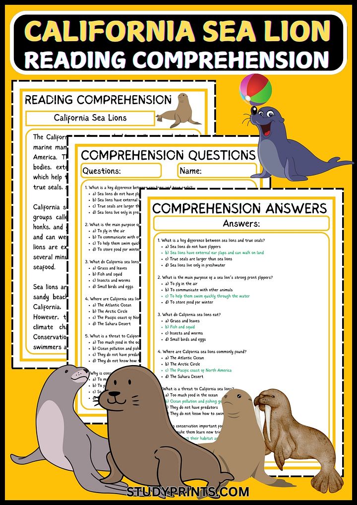 CALIFORNIA SEA LION READING COMPREHENSION PDF product image (1)
