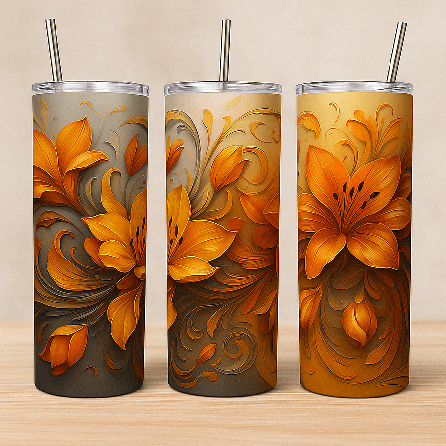 Golden Orange Floral Tumbler Wrap PNG for 20oz Skinny | 9.3x8.2 Fall Sublimation | Instant Download | Autumn Gift Idea product image (2)