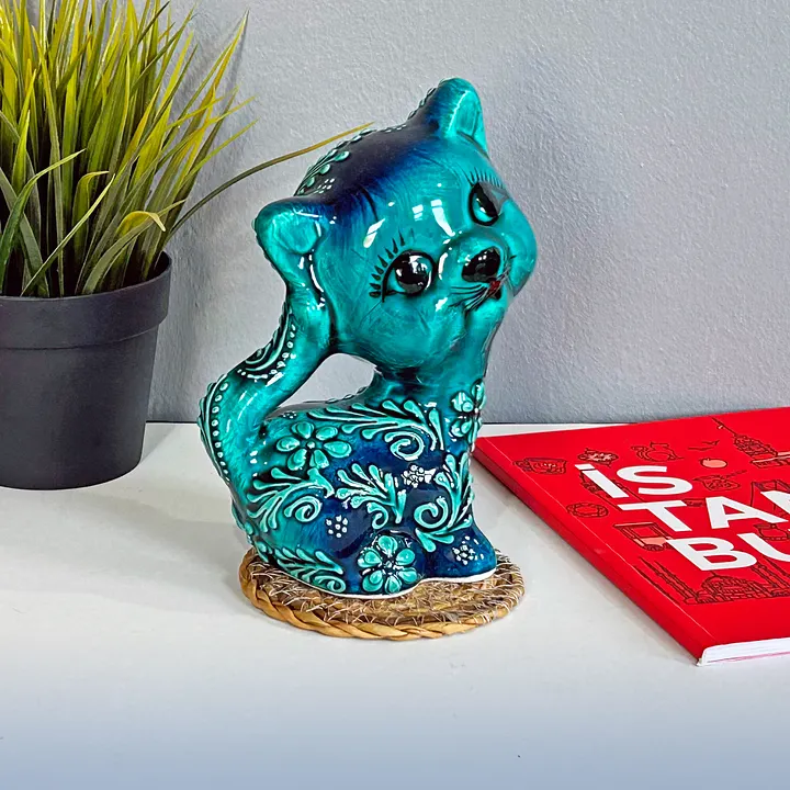 Ceramic handmade turquoise cat (big), Turkish decor — handmade pottery, handmade ceramic, home decor, handmade gift, Turkish ceramic product image (1)