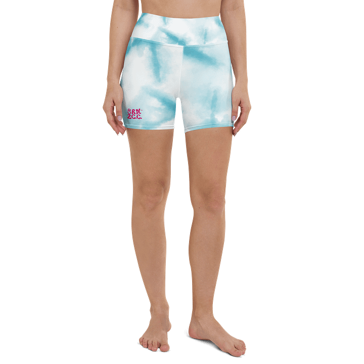 All-Over Print Yoga Shorts | with Inside Pocket | BRN.2C.C.™ | Coastal-Inspired Activewear | Vibrant Pink Logo on Blue Tie-Dye product image (2)