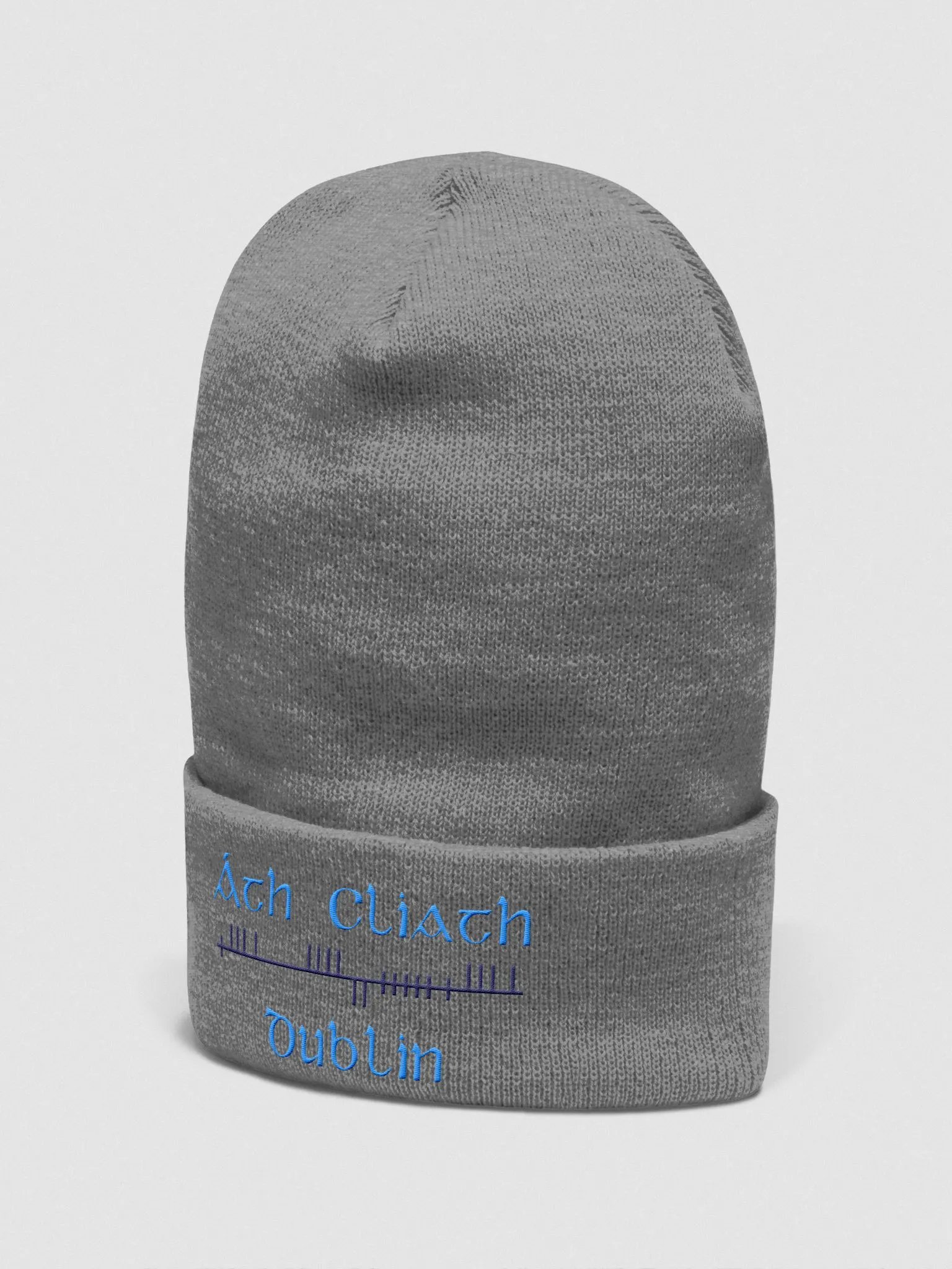 Dublin/Áth Cliath Orthodox style Ogham, Light Blue and Navy, embroidered Cuffed Beanie product image (3)