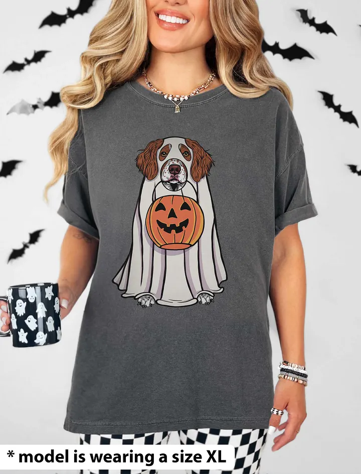 Funny Halloween Brittany Spaniel T-Shirt | Funny Brittany Spaniel Wearing a Ghost Costume and Holding a Pumpkin Basket product image (15)