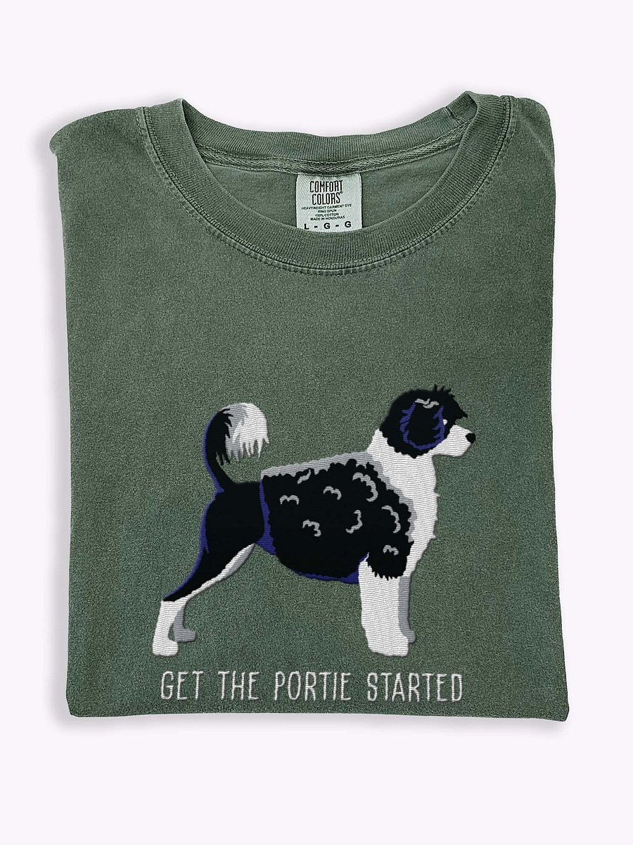 Get the Portie Started T-Shirt(Embroidered) of a Portuguese Water Dog(Black & White) product image (1)