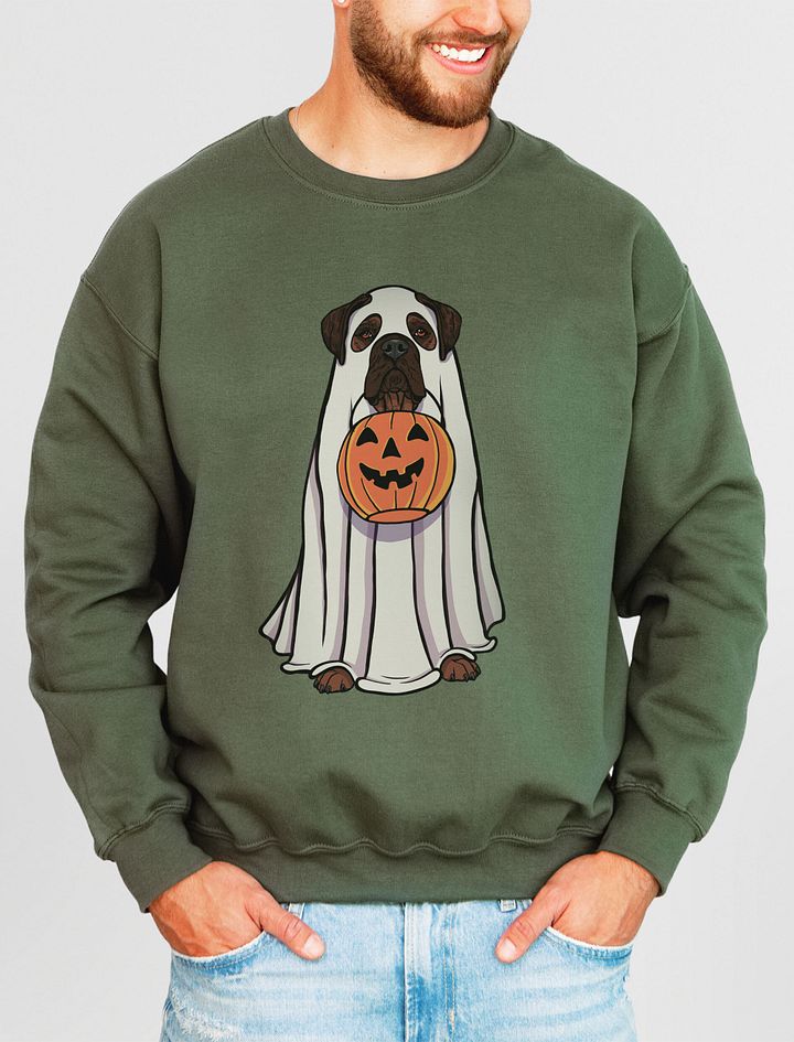 Funny Halloween Bullmastiff(Brindle) Sweatshirt | Funny Bullmastiff Wearing a Ghost Costume and Holding a Pumpkin Basket product image (11)