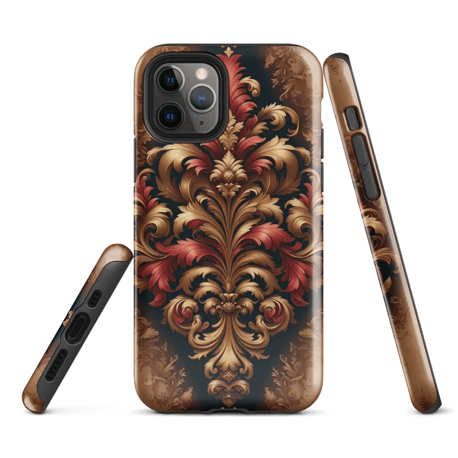 Tough Phone Case for iPhone® - Rococo Floral Damask Design in Reds and Browns product image (1)