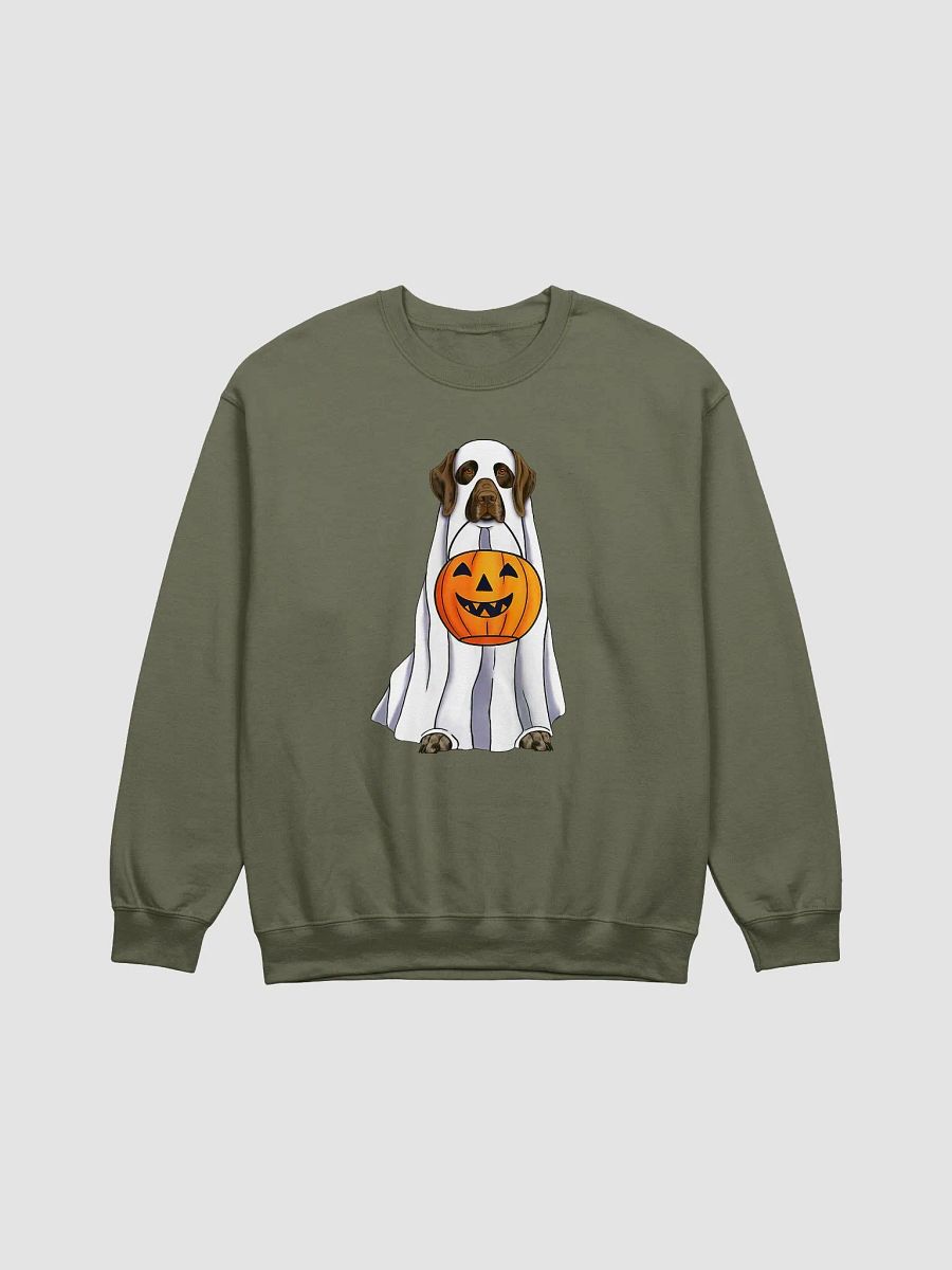German Shorthaired Pointer (2) Halloween Sweatshirt | Funny Halloween GSP Wearing a Ghost Costume with Pumpkin Basket product image (21)