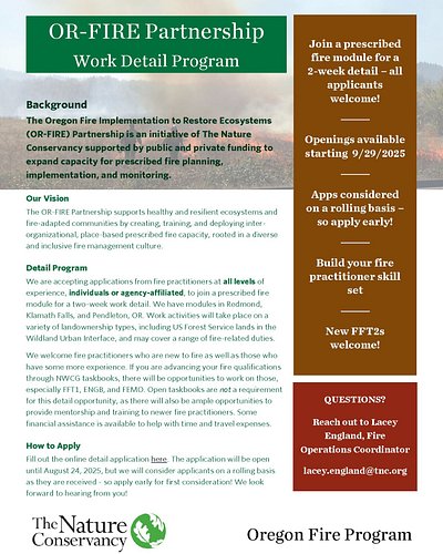 The @nature_oregon fire program is hosting detailers again this fall! 

They will have 18 spots available for 2-week work det...