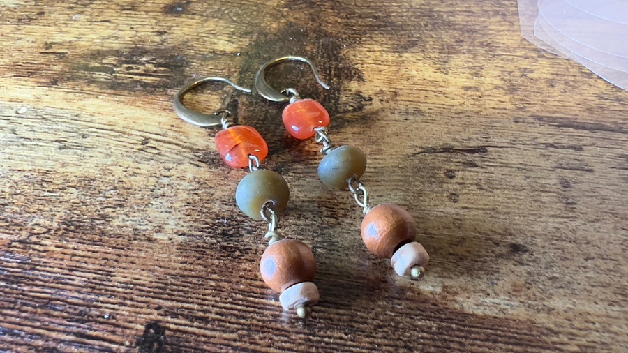 Earrings - Carnelian, Soocho Jade, Wood Beads, and Natural Coconut Rondelles - Hand-made by JB product image (1)