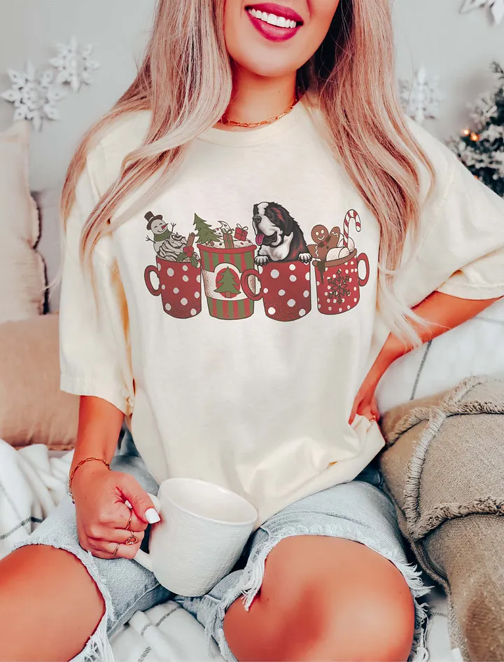 Cute Saint Bernard in a Christmas Cup T-Shirt | Funny Christmas Pup in a Cup product image (11)