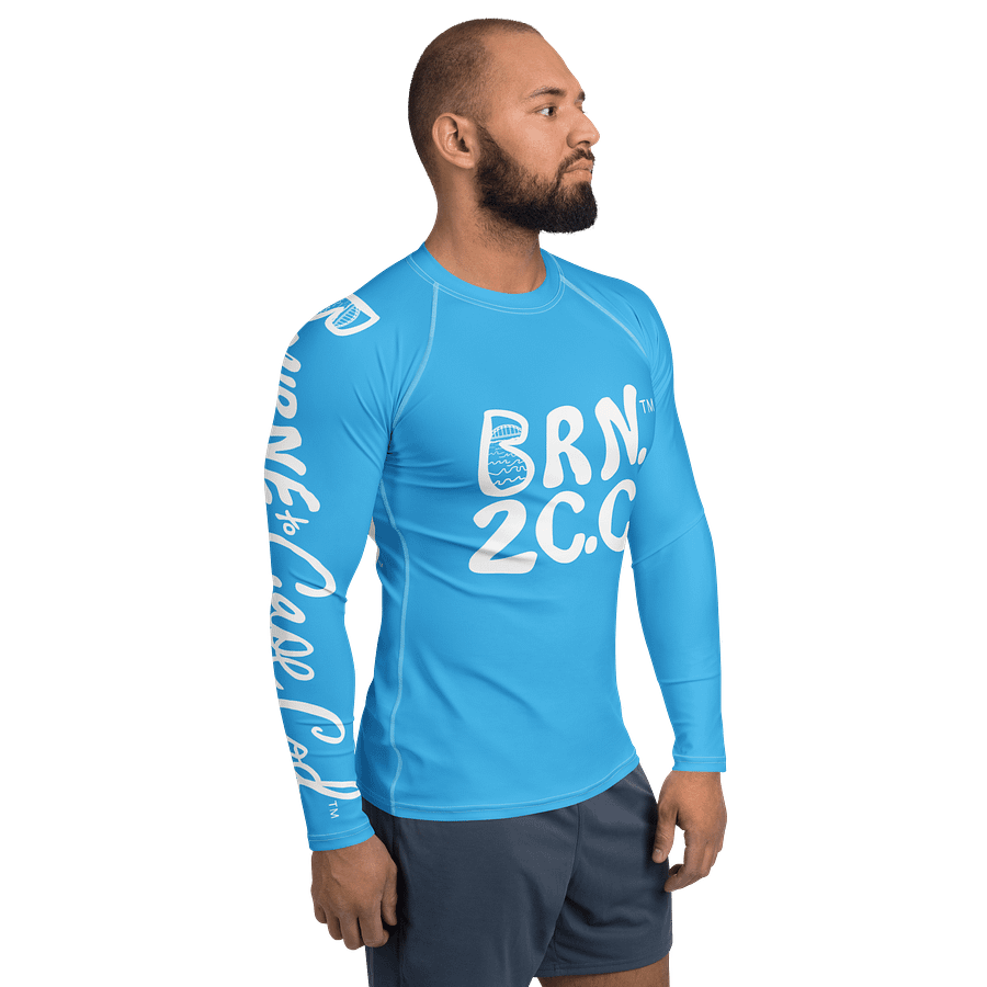 BRN.2C.C.™ /BOURNE to Cape Cod™ | Men’s Long Sleeve Rash Guard | UPF 50+ Active Coastal Shirt | White Logos on Deep Sky Blue product image (4)