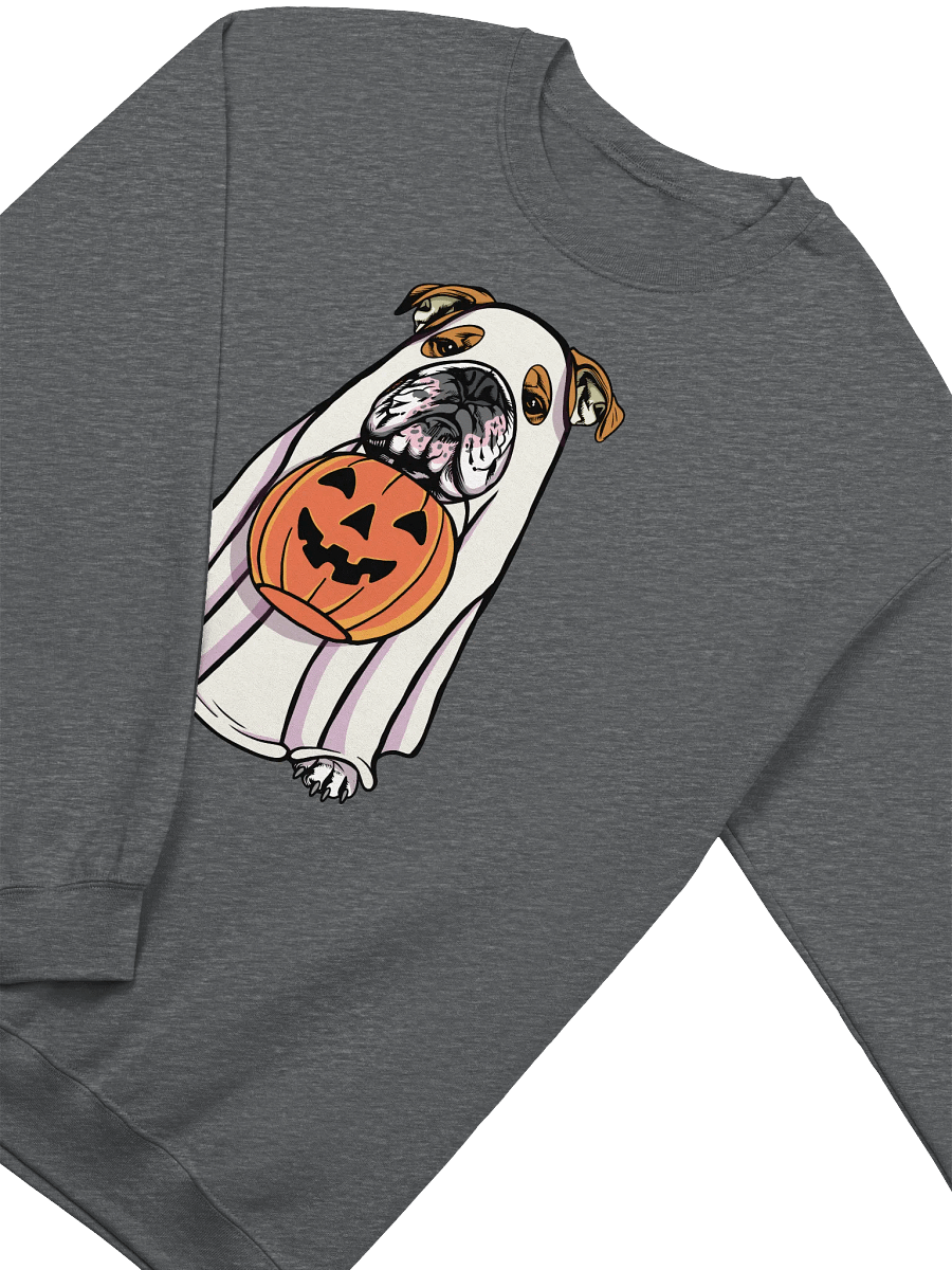 Funny Halloween English Bulldog Sweatshirt | Funny English Bulldog Wearing a Ghost Costume and Holding a Pumpkin Basket product image (8)