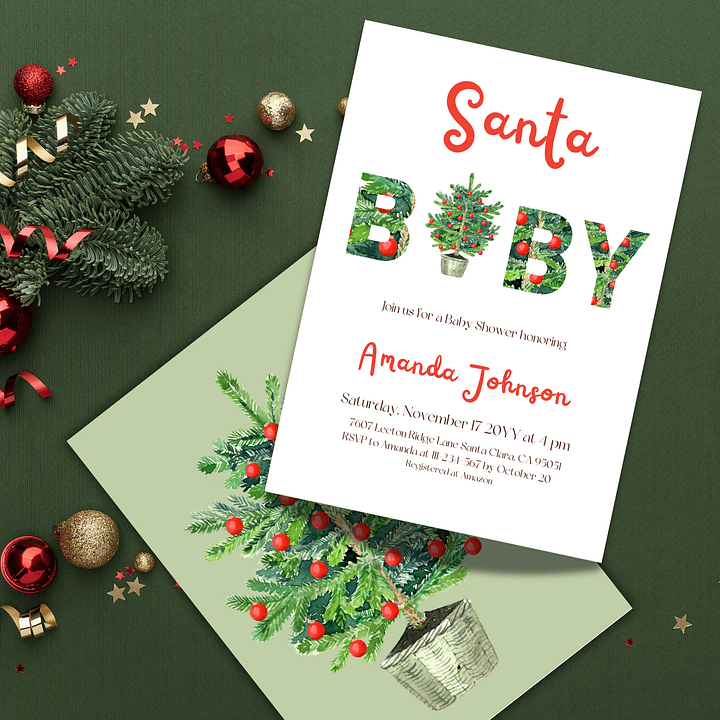 Santa Baby Shower Invitation for Christmas Tree Themed Party, Digital Download Winter Gender Neutral Green Baby Shower Invite Canva Template product image (2)