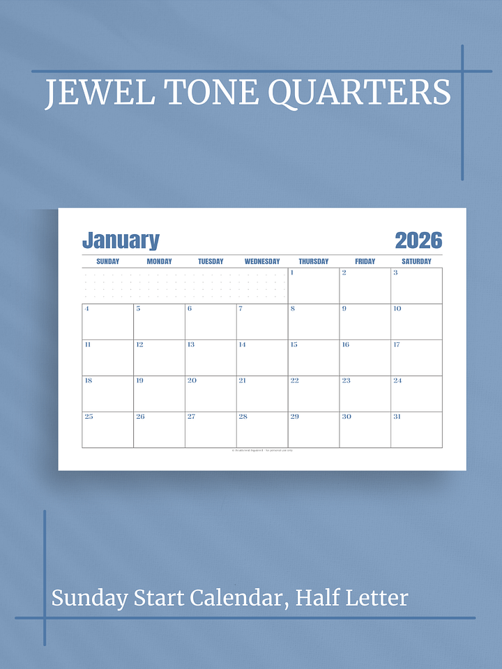 Jewel Tone Quarters 2026 Calendar - Single Page per Month, Sunday Start, Half Letter Size product image (1)