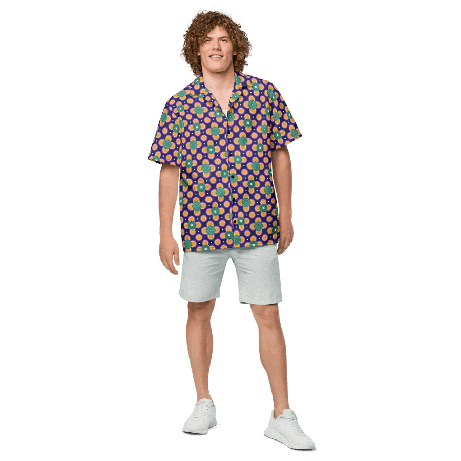 Hawaiin Style Shirt, Button Up, Unisex, Purple-Teal Green-Gold product image (9)