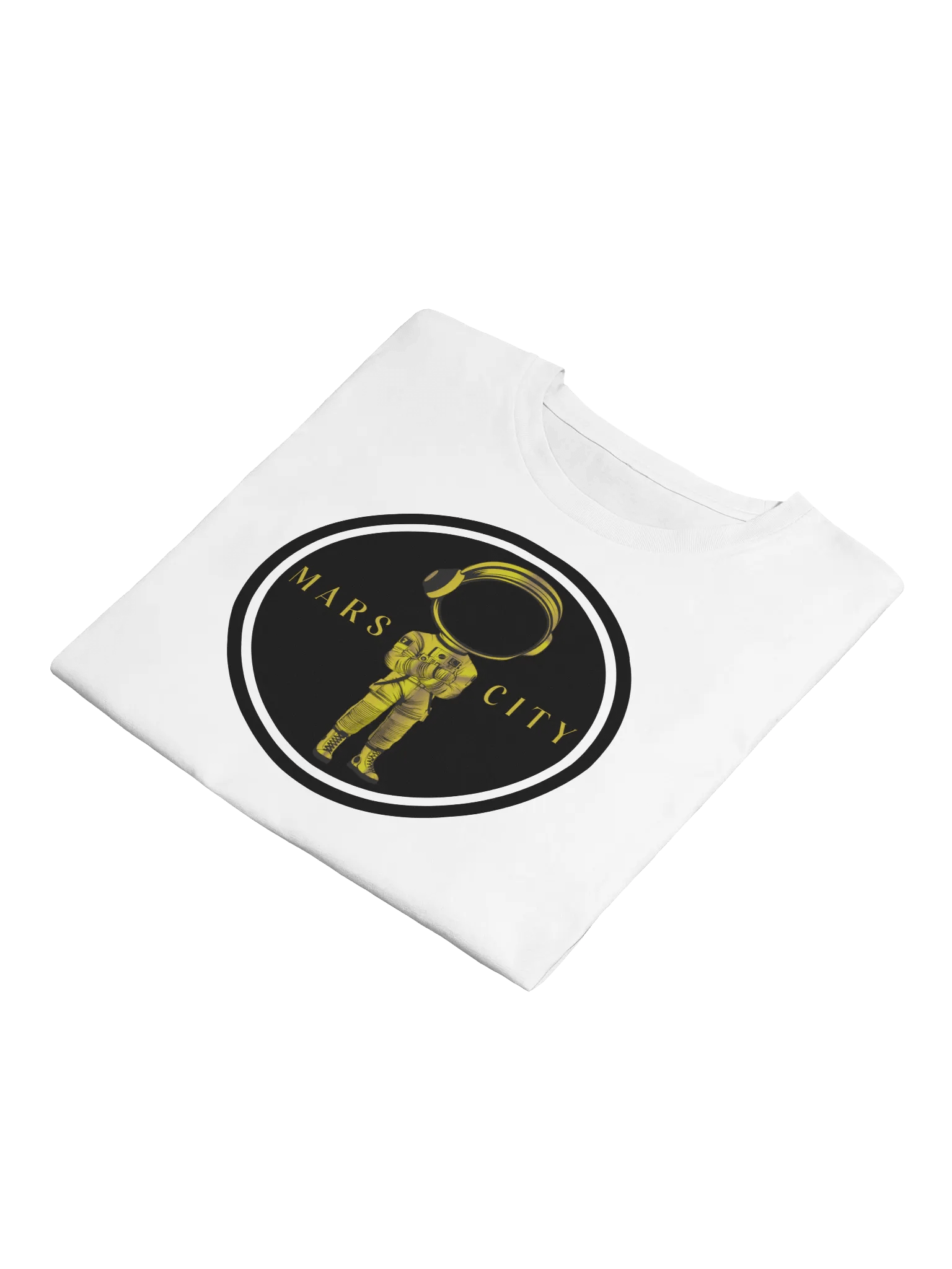 Ladies white cropped tee shirt with Gold Astronaut black circle front product image (4)