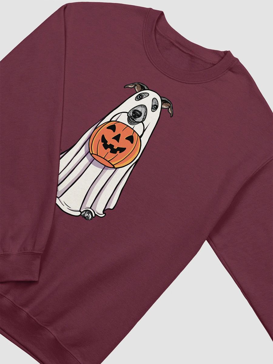 Funny Halloween Whippet Sweatshirt | Funny Dog Wearing a Ghost Costume and Holding a Pumpkin Basket product image (13)