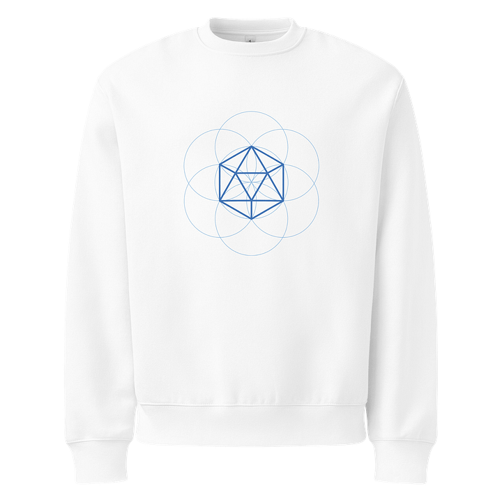 White Sweater – Blue Icosahedron (Centered Front & Upper Back Print) product image (1)