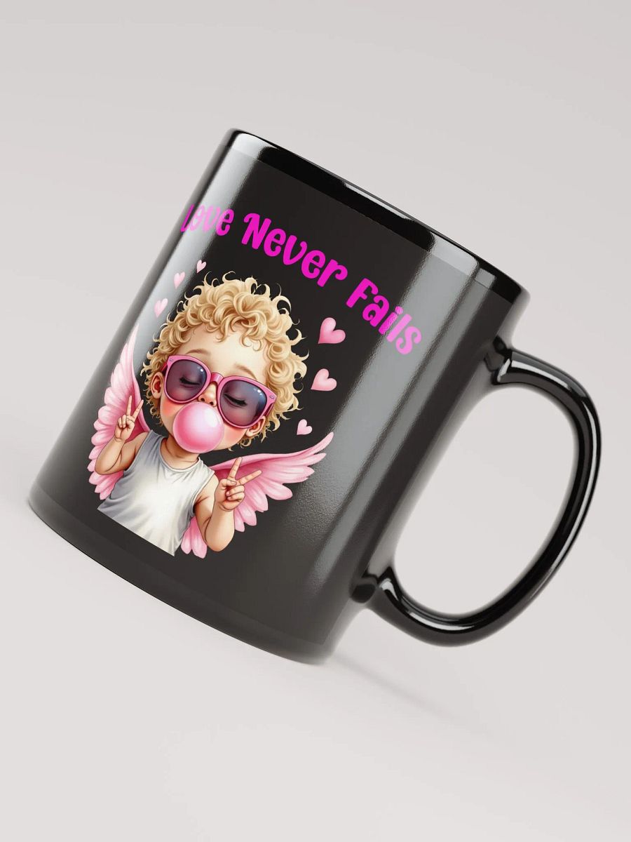 Love Never Fails Valentine Retro Cupid Valentine's Day Black Glossy Mug product image (4)