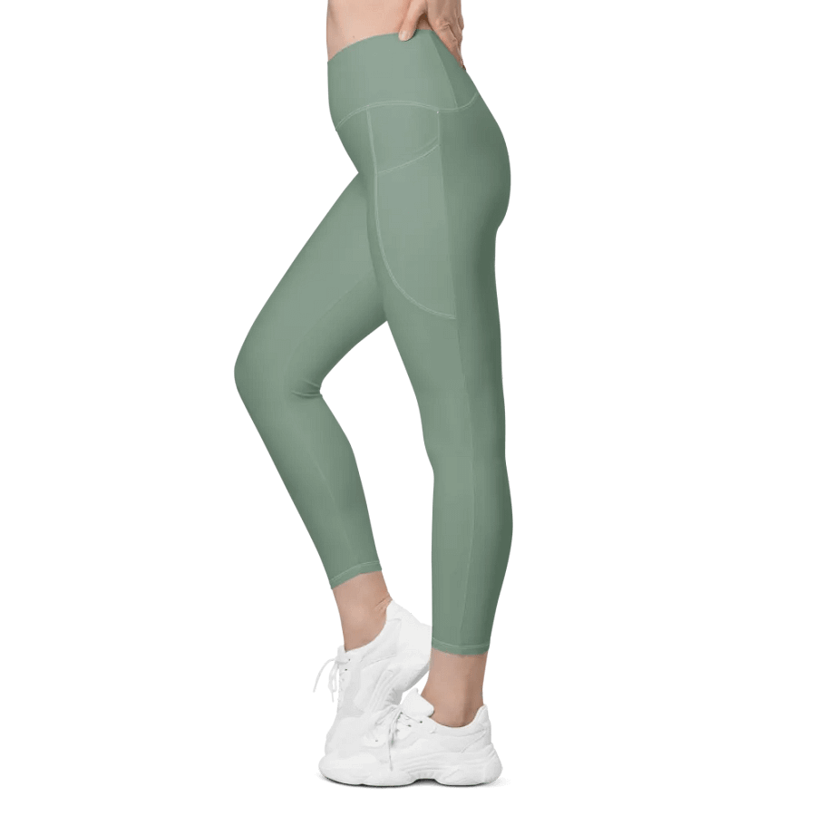 Plain Medium Sage Green Soft Summer Women's High Waisted Premium Crossover Leggings with Pockets by Treasure Pie product image (5)