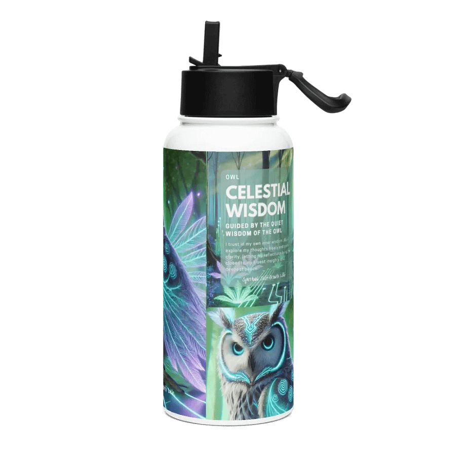 "Celestial Wisdom" Futuristic Owl Stainless Steel water bottle – A Symbol of Insight and Spiritual Balance product image (3)