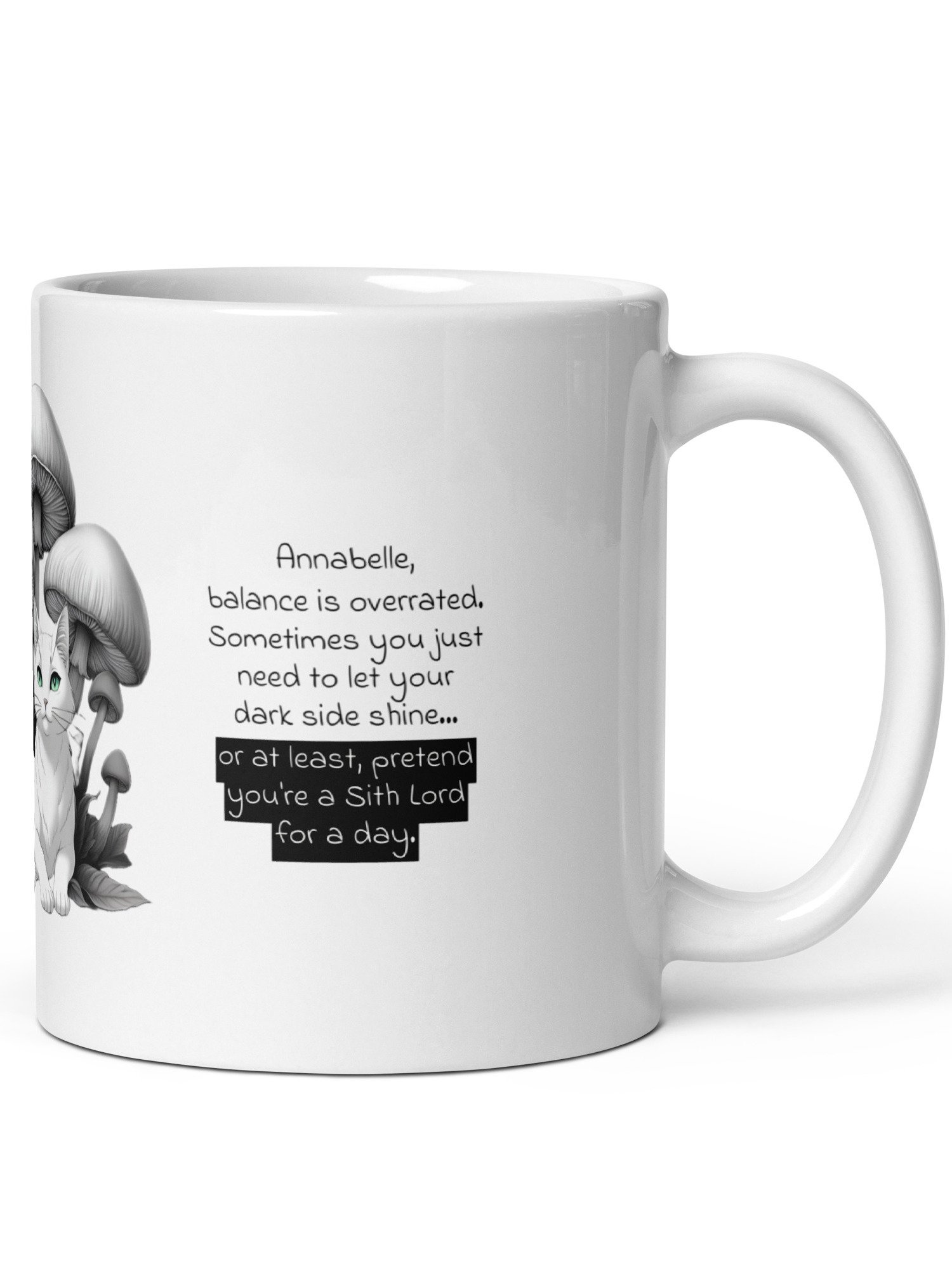 Personalized Black Cat and White Cat Resting Under Giant Mushrooms White Glossy Mug product image (4)