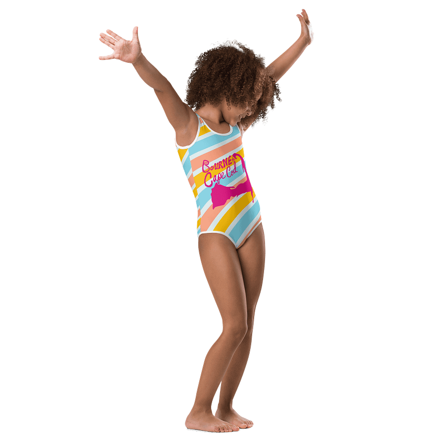 Girls' | One-Piece Swimsuit | BOURNE to Cape Cod™ | Pink Front Logo on Bright Stripes | Vibrant & Durable Summer Swimsuit product image (1)