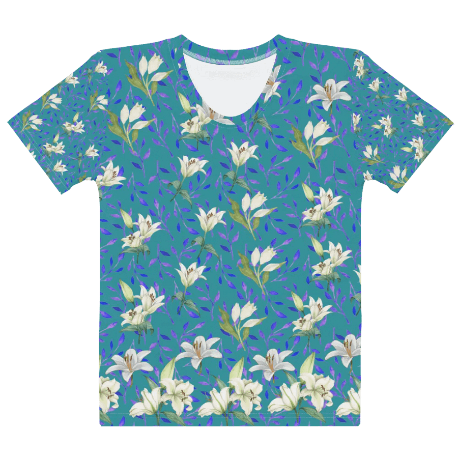 Ladies T shirt all over print blue and white flowery design giving a fresh holiday  fee product image (9)