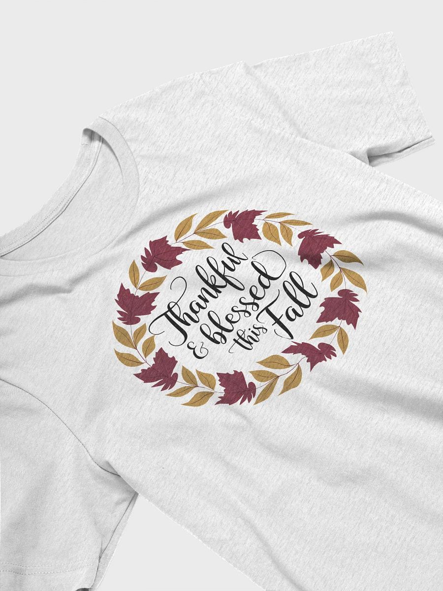 “Thankful & blessed this Fall” t-shirt, Holiday season t-shirt, Fall casual wear, Thanksgiving gatherings attire, Gratitude-themed shirt, Autumn wreath t-shirt, Seasonal gratitude clothing, gift idea product image (3)