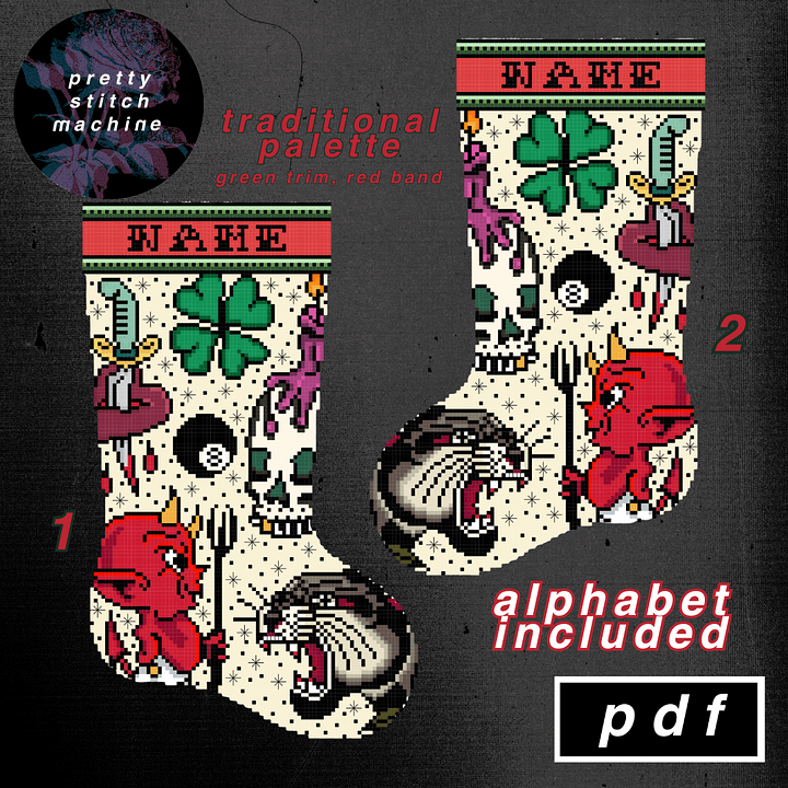 Traditional Tattoo Flash First Edition Green Trim Christmas Stocking Pattern Set product image (1)