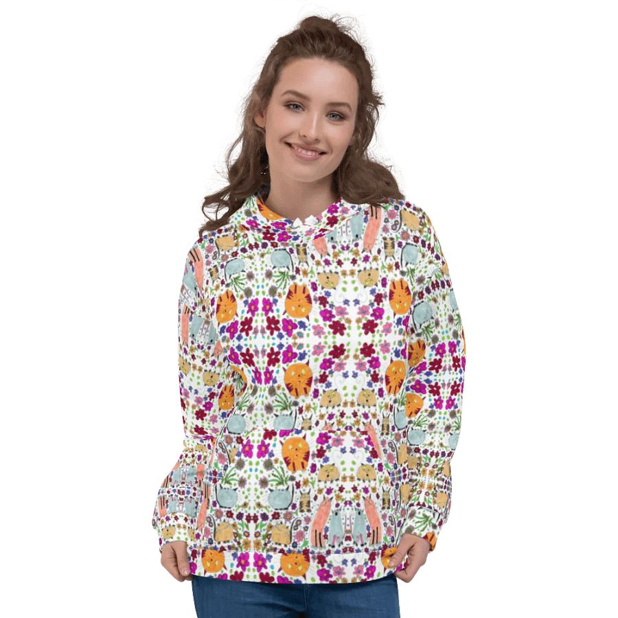 Abstract Floral Doodle Art Cats Unisex Pull Over Hoodie product image (3)