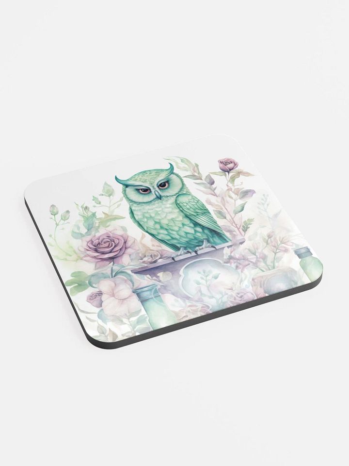 Glossed Cork Coaster 🦉 Peaceful Soft Green Theme - Owls Vibes - Motif 4 product image (2)