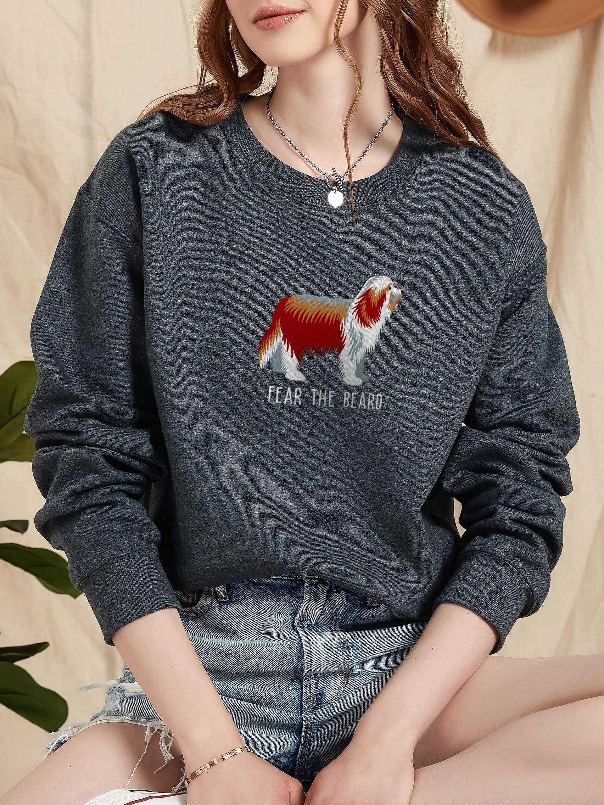 Fear the Beard Sweatshirt (Embroidered) of a Bearded Collie(Red & White) product image (2)