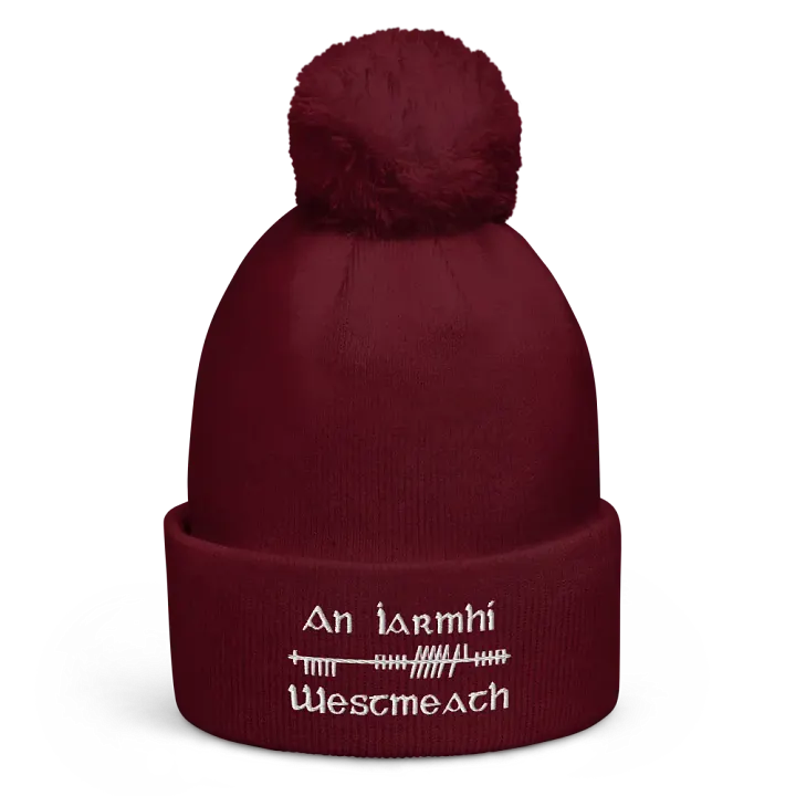 Westmeath/An Iarmhí Orthodox style Ogham, maroon with white, embroidered Pom-Pom Beanie product image (1)