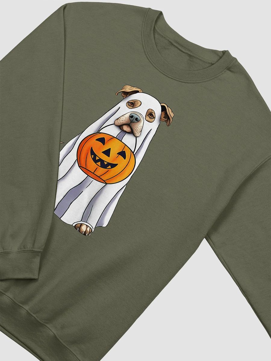 Pitbull(Fawn) Halloween Sweatshirt | Funny Halloween Staffordshire Wearing a Ghost Costume with Pumpkin Basket product image (22)