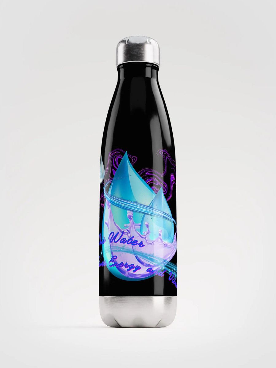 Stainless Steatl water bottle with beautiful swirly blue water drops  featuring ' This water gives energy and vitality
