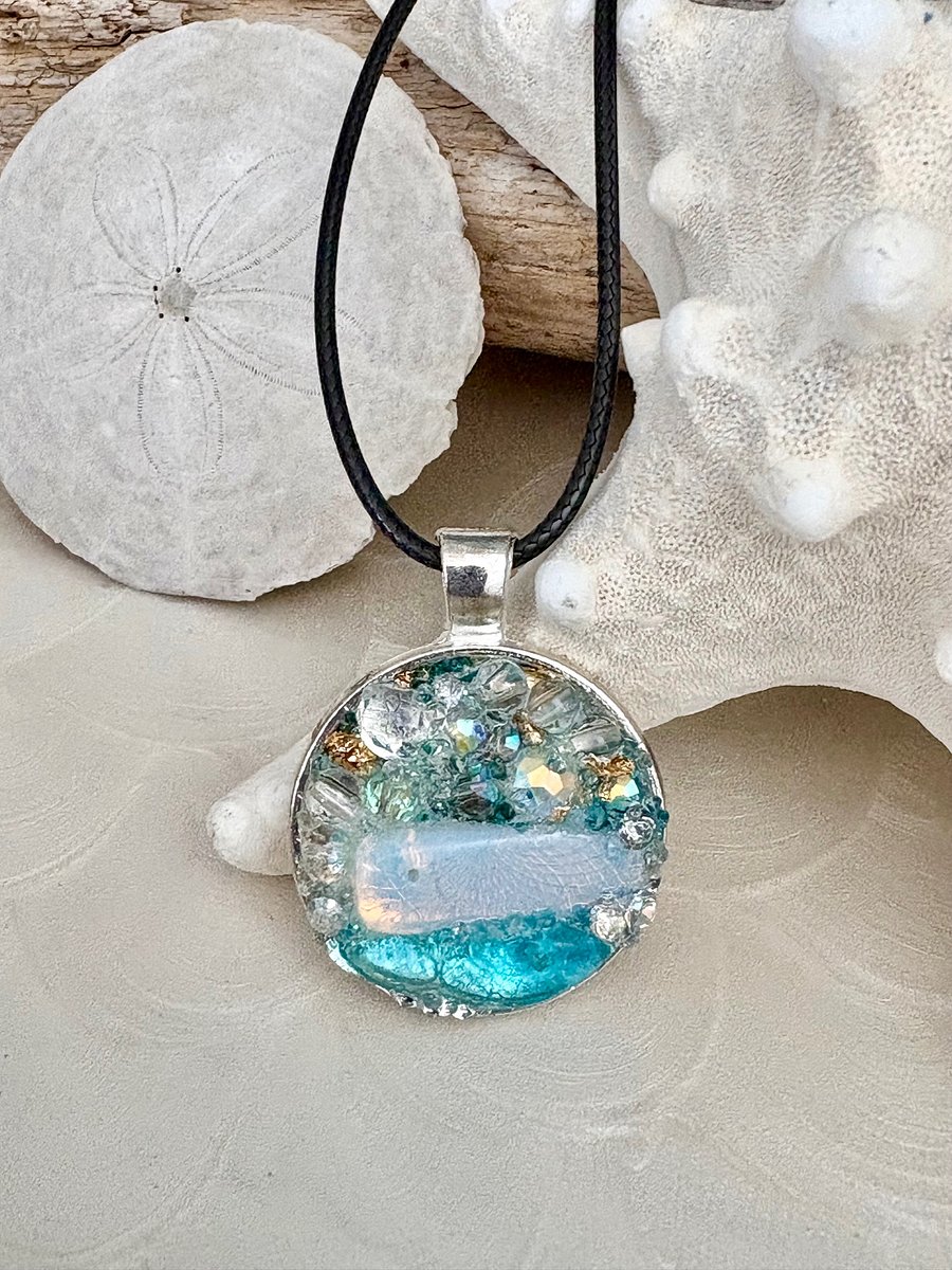 Mixed Metal Horizon Sea Glass Pendant Necklace | Handmade Bead & Sea Glass Art | Coastal Charm Jewelry by Monique Faella Designs™ | MFD-00227 product image (1)
