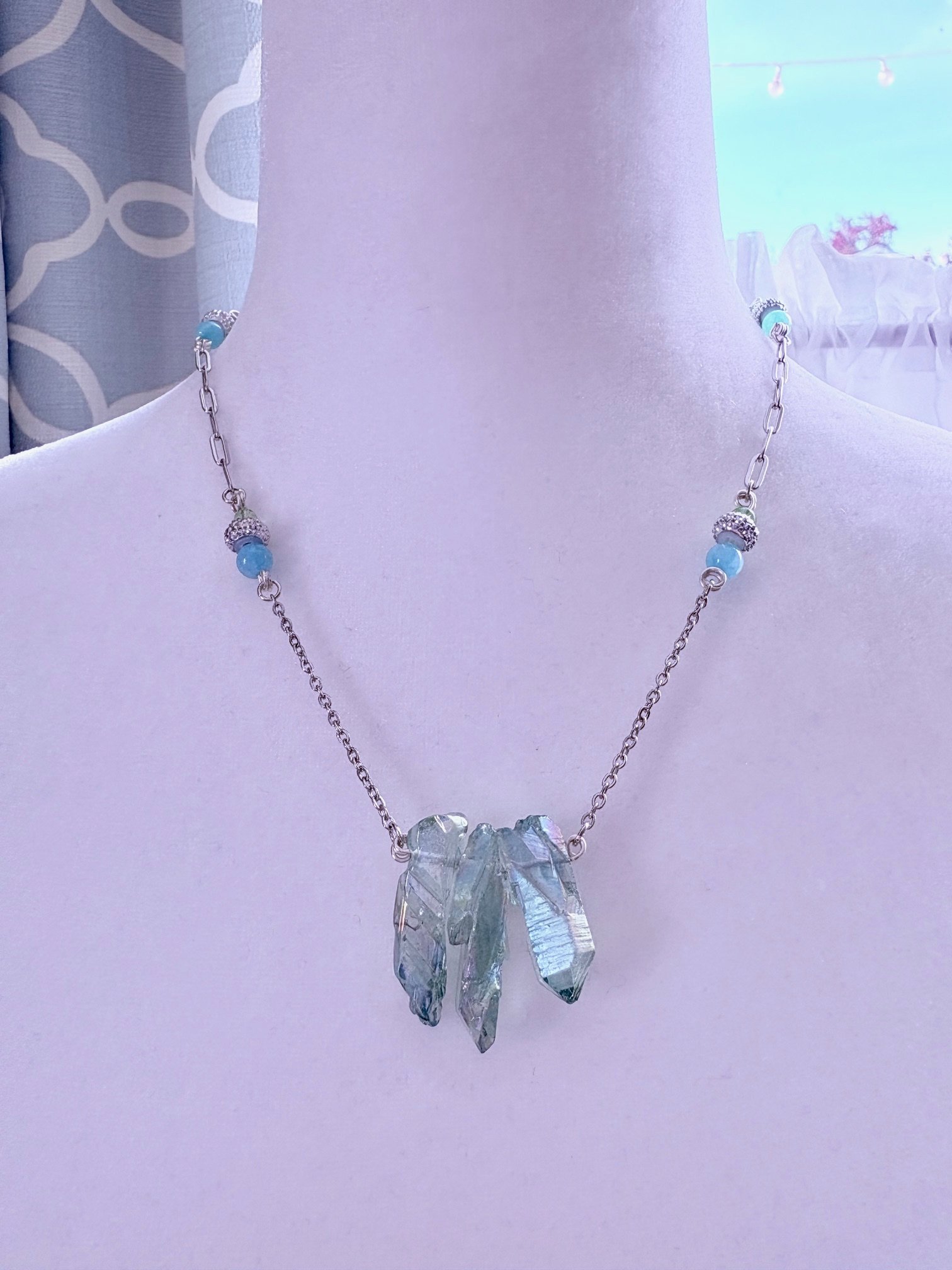 MFD-00268 | Green Glass Crytal Pendant Necklace with Stainless Steel Link Chain and Paperclip Chain | December Birthstone Inspired | Handmade Jewelry by Monique Faella Designs™ product image (3)