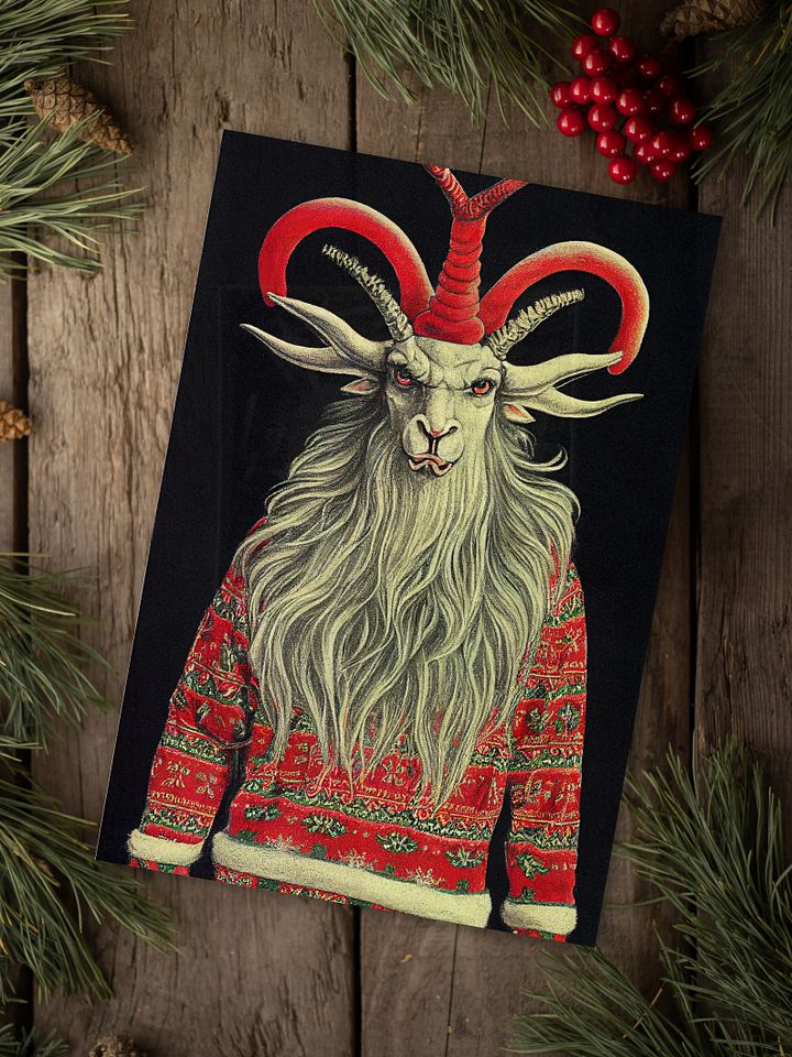 Retro Horned Yule Goat Ugly Sweater Christmas Cards Pack of 10 • 5×7 product image (1)