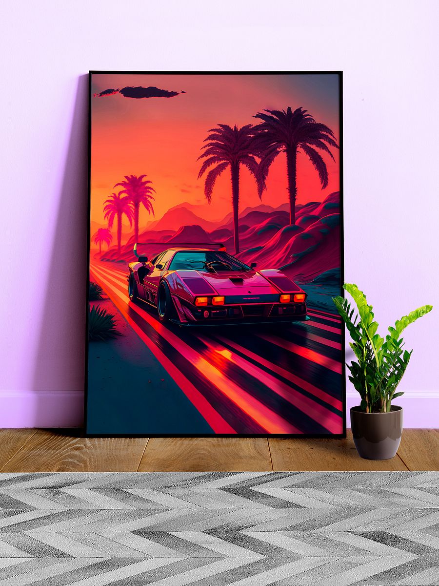 Ferrari, Retrowave car, synthwave landscape [synthwave/vaporwave/cyberpunk] — aesthetic art print product image (1)