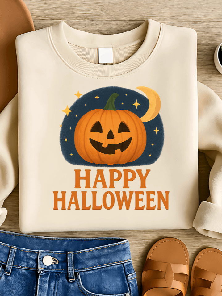 Smiling Pumpkin Moon Sublimation PNG – “Happy Halloween” Jack-O’-Lantern T-Shirt Clipart – Night Sky & Stars – 300 DPI Instant Digital Download product image (1)
