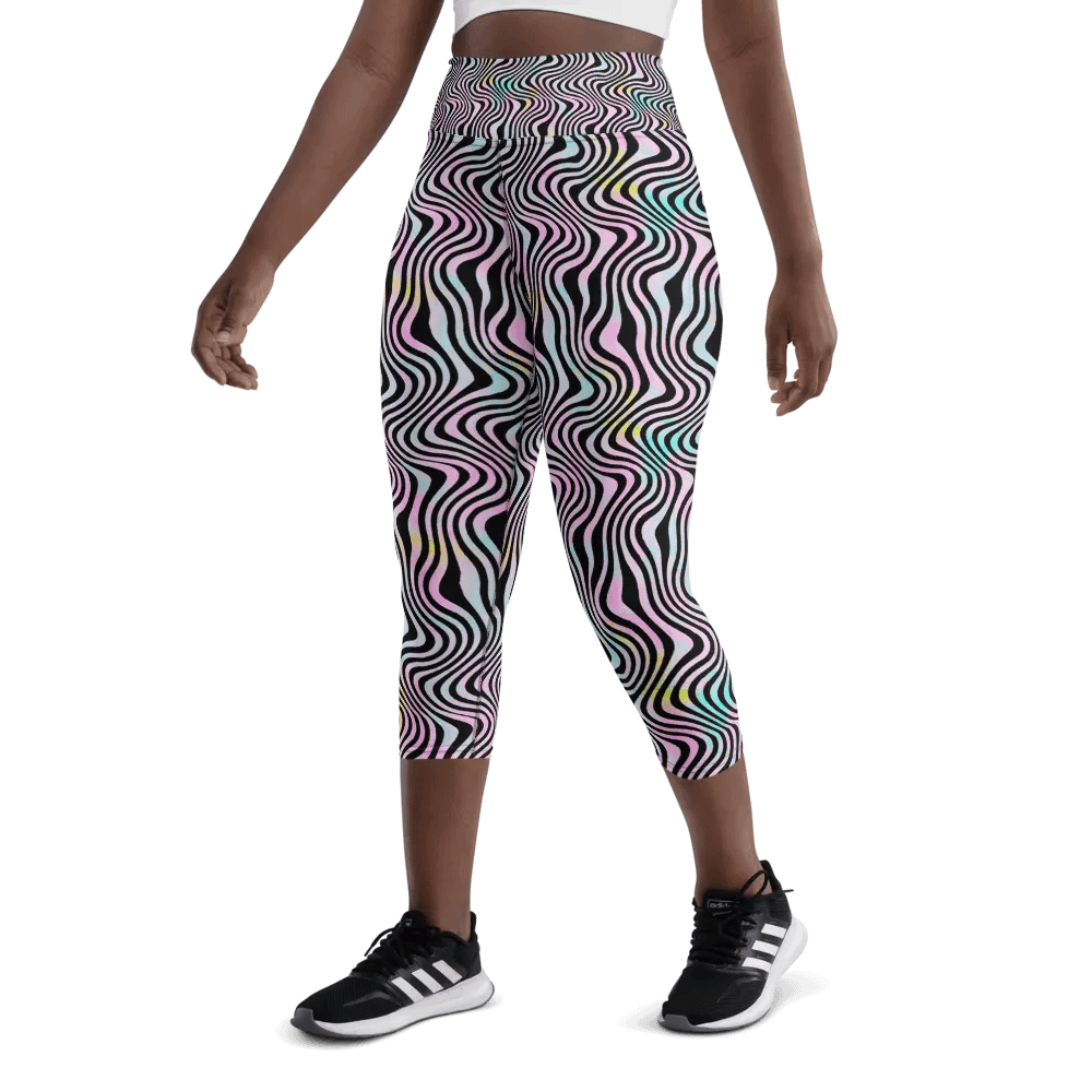 Yoga capri  leggings blue watercolour leafy design on black background product image (5)