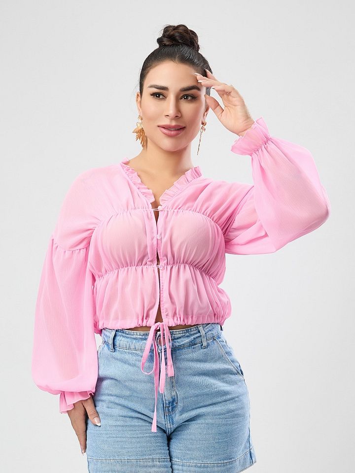 Sexy high quality non-stretch chiffon see through 4 colors v-neck drawstring top Wholesale product image (1)