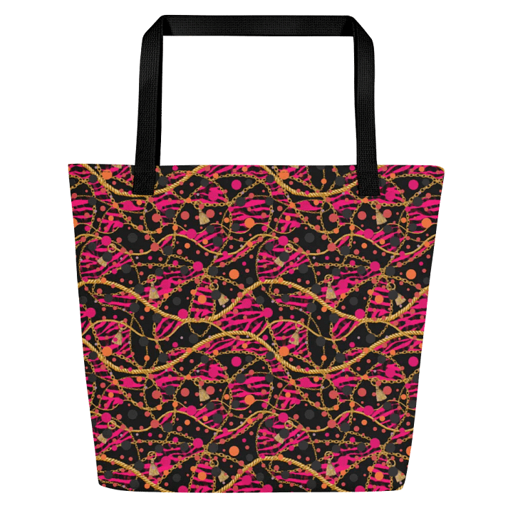 Big printed tote bag with pocket bright reds/pink  gold design product image (1)