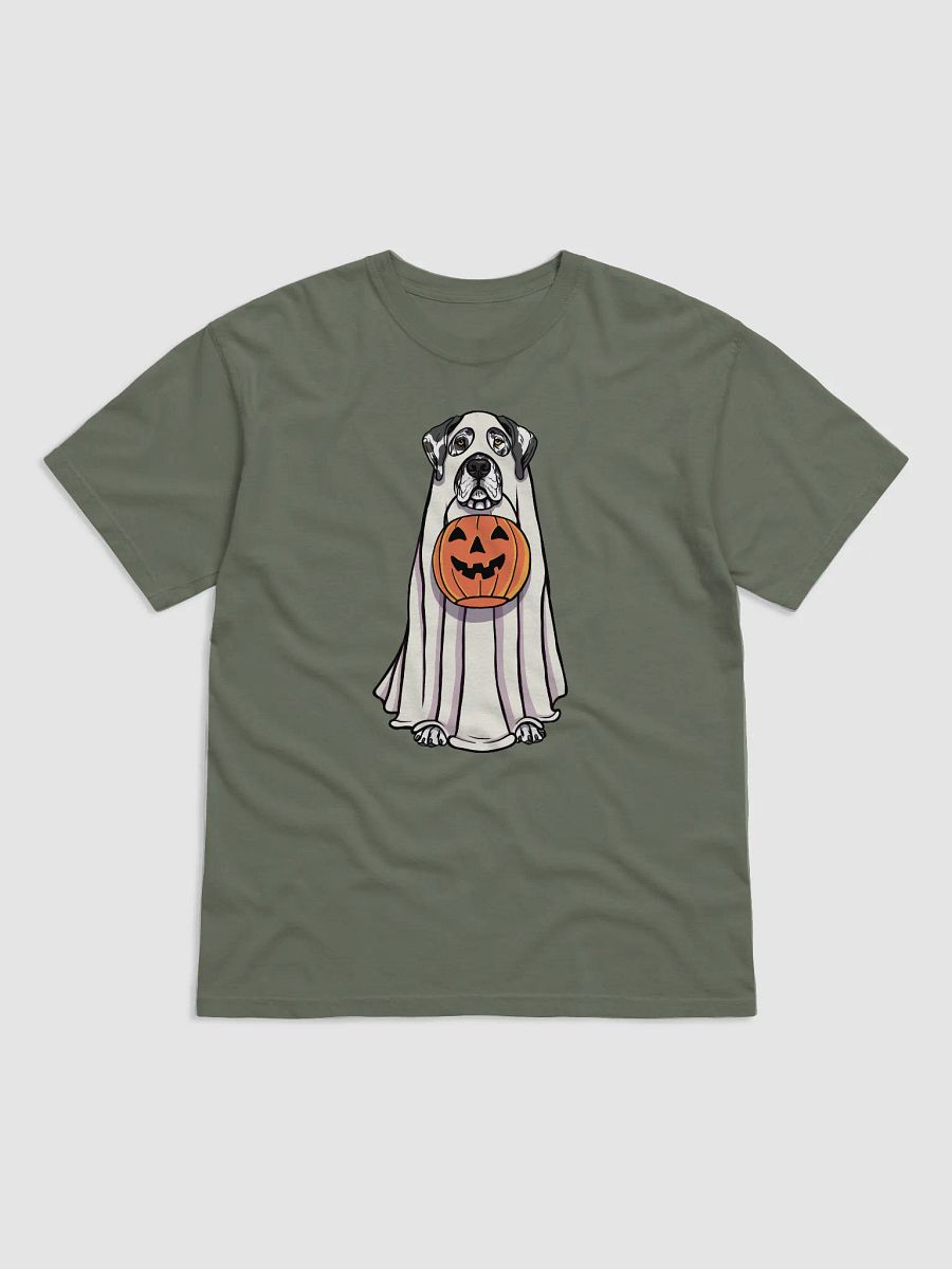 Funny Halloween Great Dane(Harlequin) T-Shirt | Funny Great Dane Wearing a Ghost Costume and Holding a Pumpkin Basket product image (8)