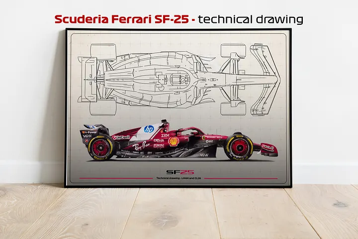 DIGITAL SF-25 technical drawing Scuderia Ferrari, Leclerc and Hamilton F1, Formula-1, F1 Posters, F1 Art, Formula 1 Wall Art, Gifts for Him, Motorsport product image (1)
