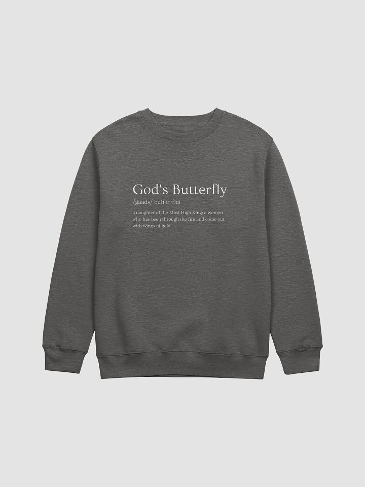 God’s Butterfly Defined Women’s Crewneck (White Text) product image (2)
