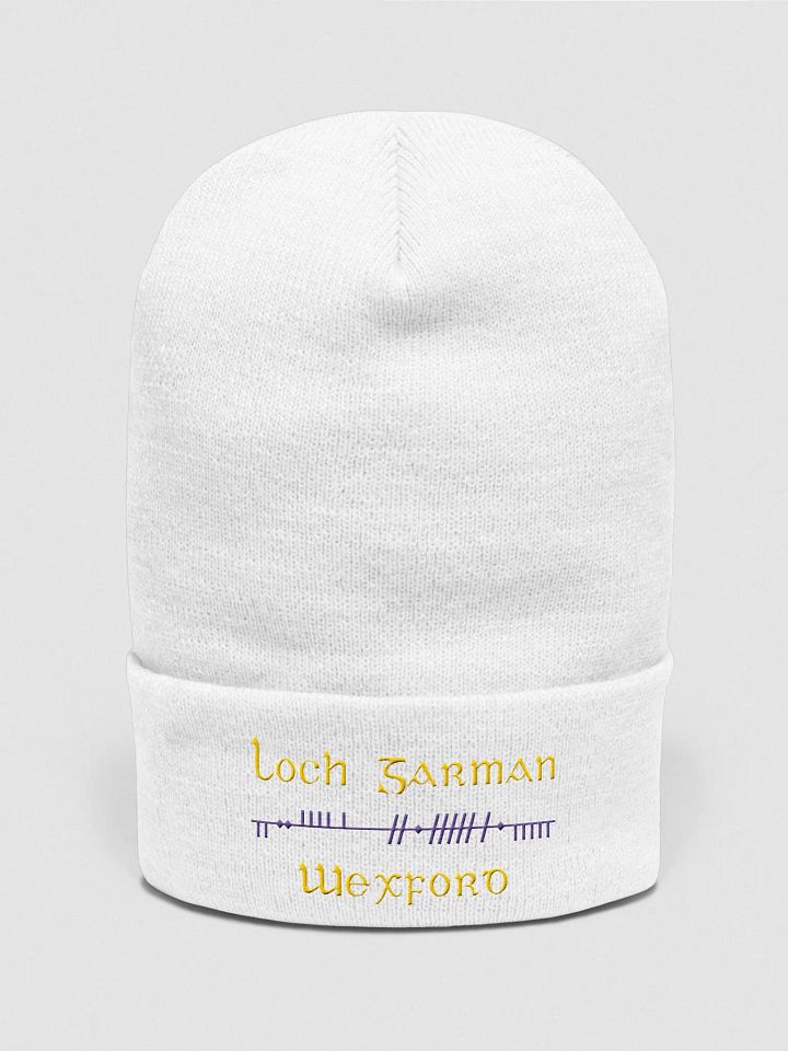 Wexford/Loch Garman, Scholastic style Ogham, white with purple and yellow, embroidered Cuffed Beanie product image (1)