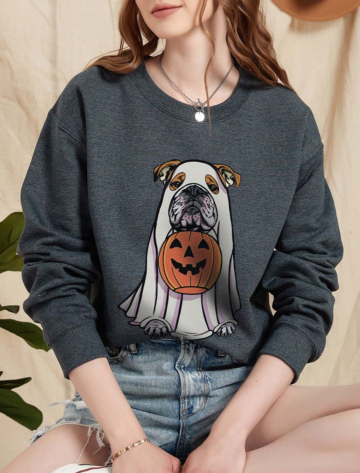 Funny Halloween English Bulldog Sweatshirt | Funny English Bulldog Wearing a Ghost Costume and Holding a Pumpkin Basket product image (5)