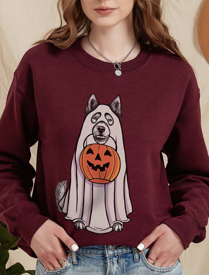 Funny Halloween Alaskan Malamute Sweatshirt | Funny Dog Wearing a Ghost Costume and Holding a Pumpkin Basket product image (1)