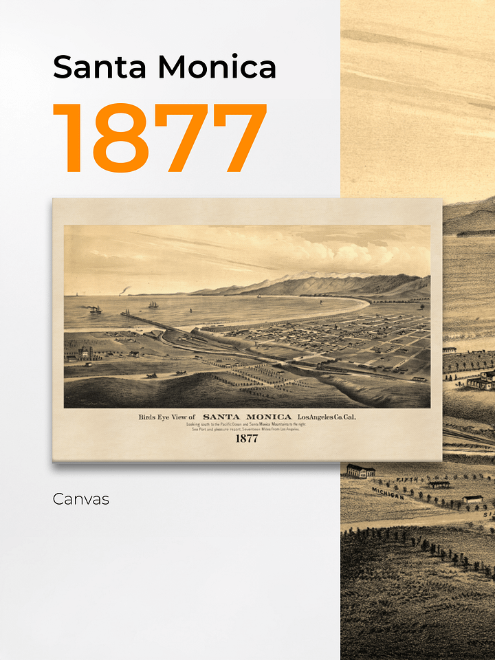 Santa Monica Panoramic Canvas Print – 1877 Hand-Drawn Historic City View product image (1)
